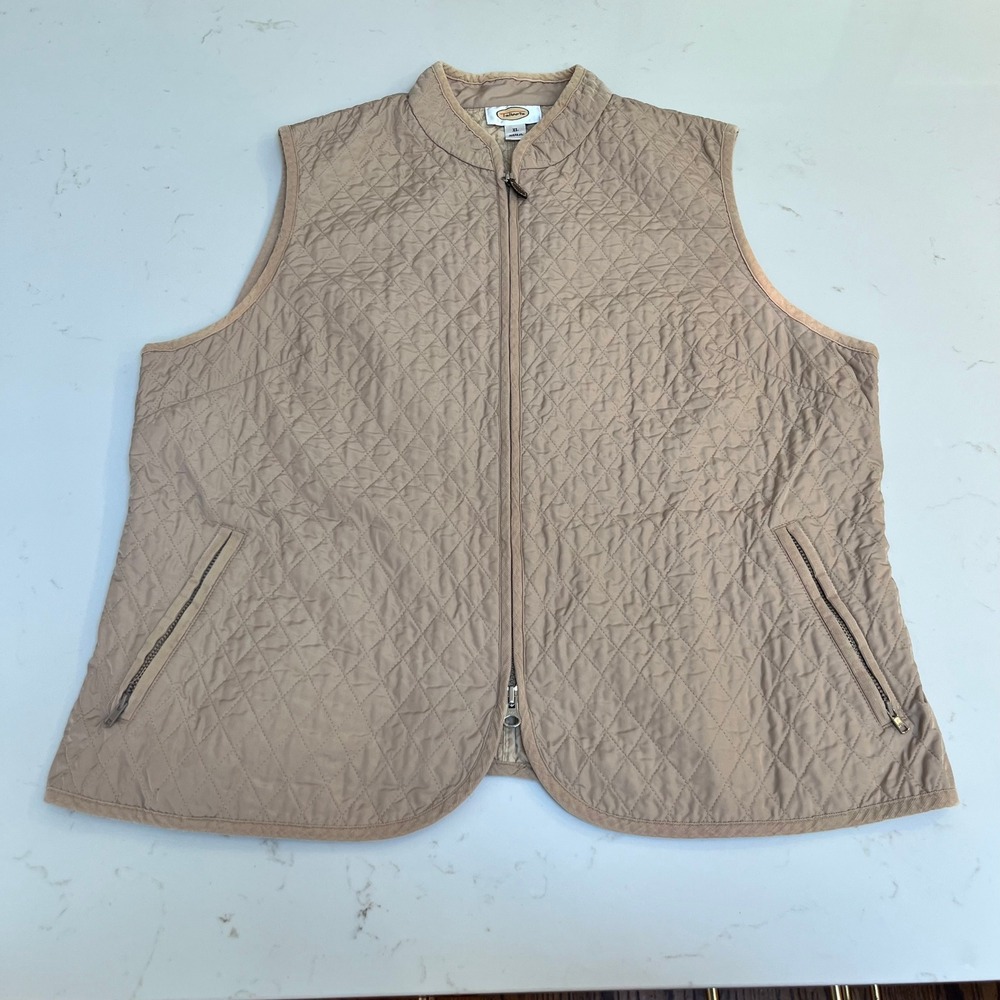 Talbots Womens XL Tan Quilted Zip Front Vest Corduroy Trim Mock Neck Beige - Picture 2 of 11